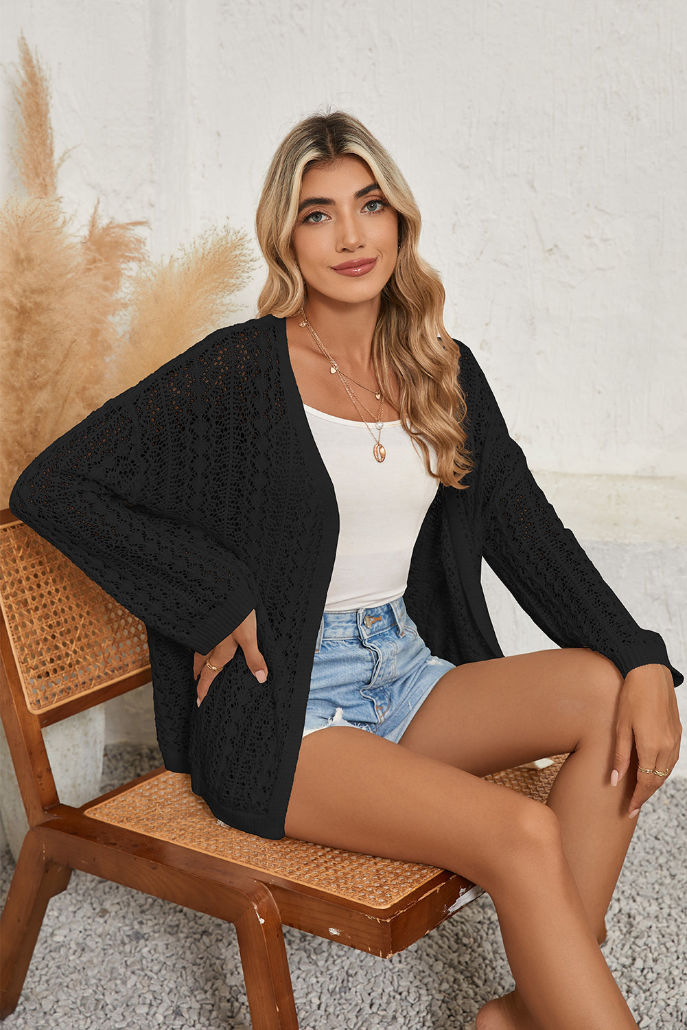 Crochet Knit Open Front Cardigan