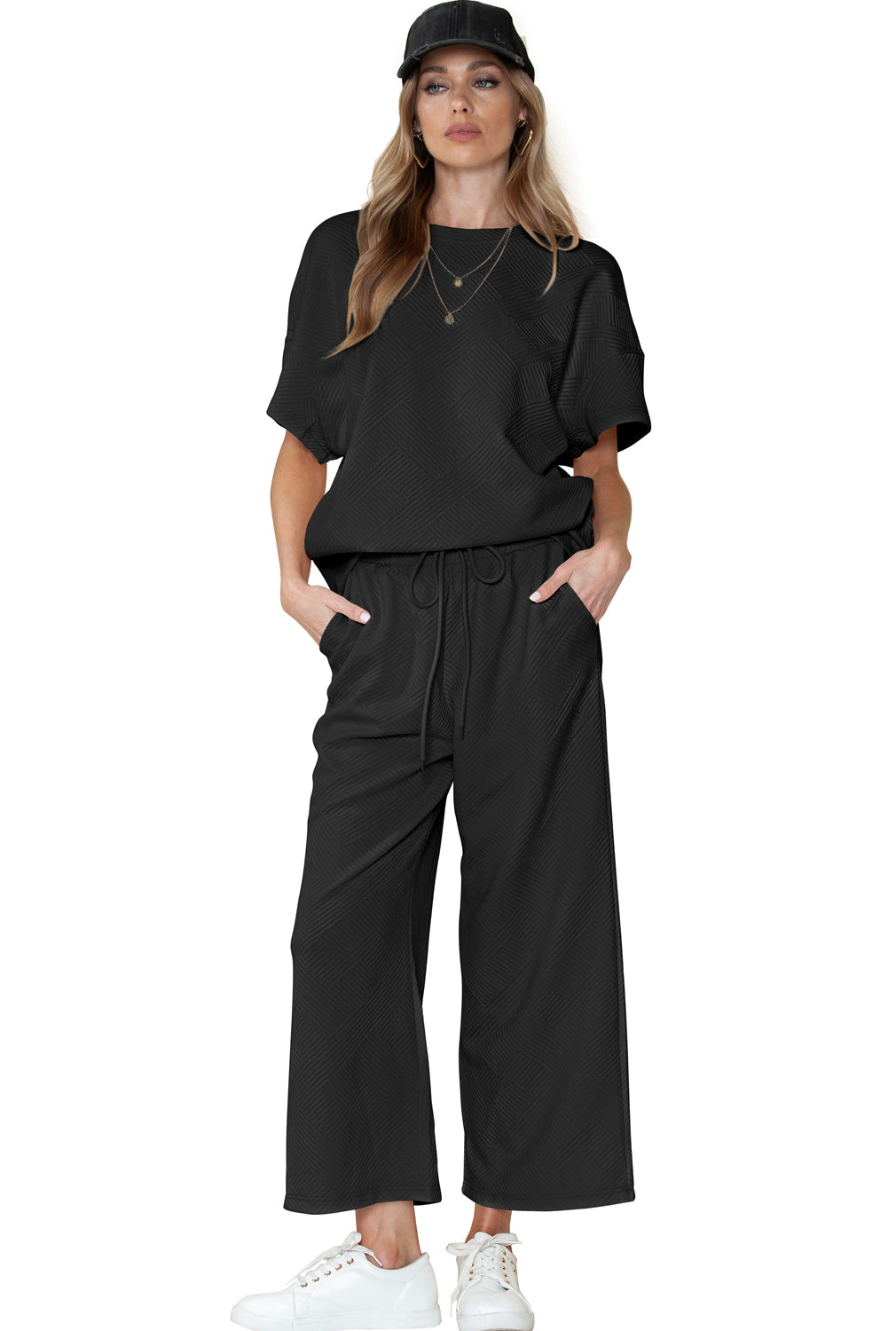 Textured Loose Fit T Shirt and Drawstring Pants Set