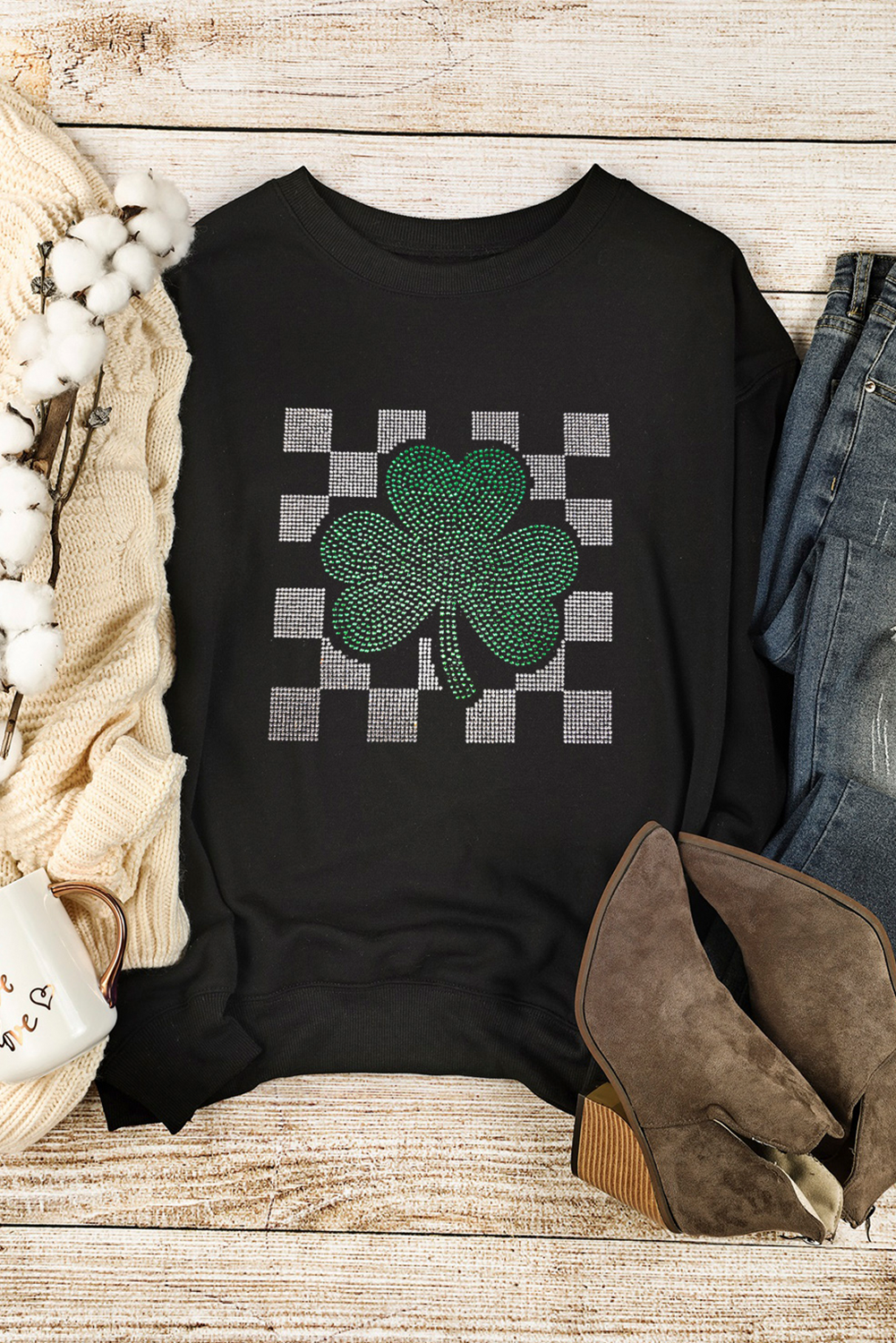 Black Rhinestone Checkerboard Shamrock Sweatshirt