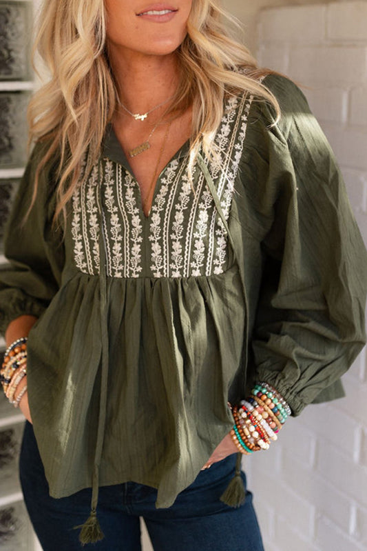 Embroidered Pleated Boho Blouse