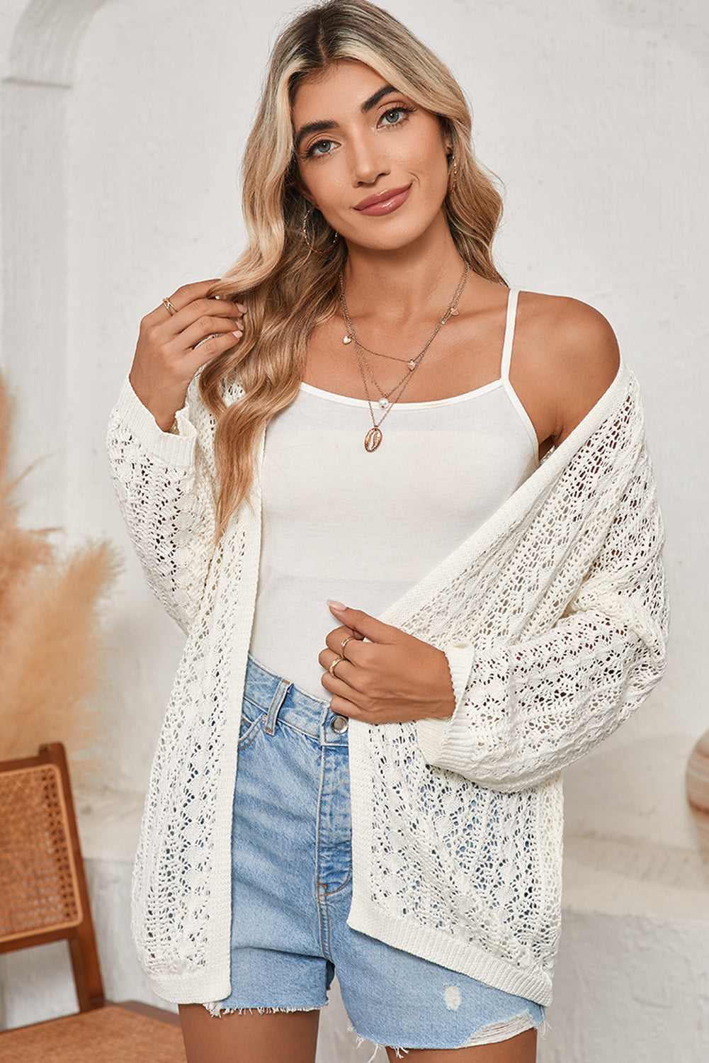 Crochet Knit Open Front Cardigan