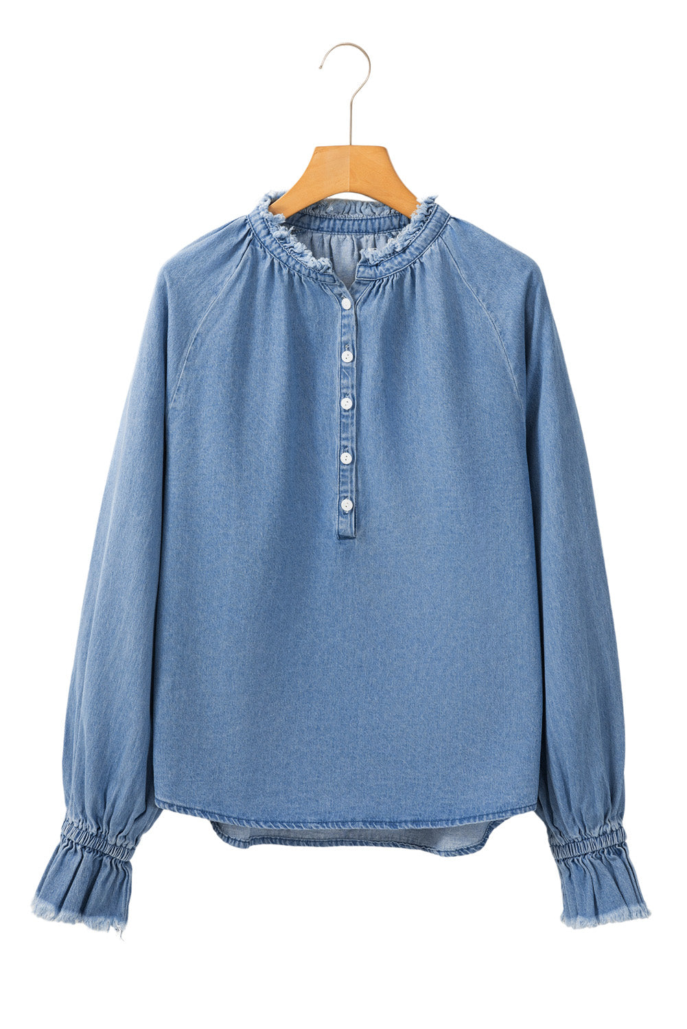 Frilled Half Buttoned Denim Blouse