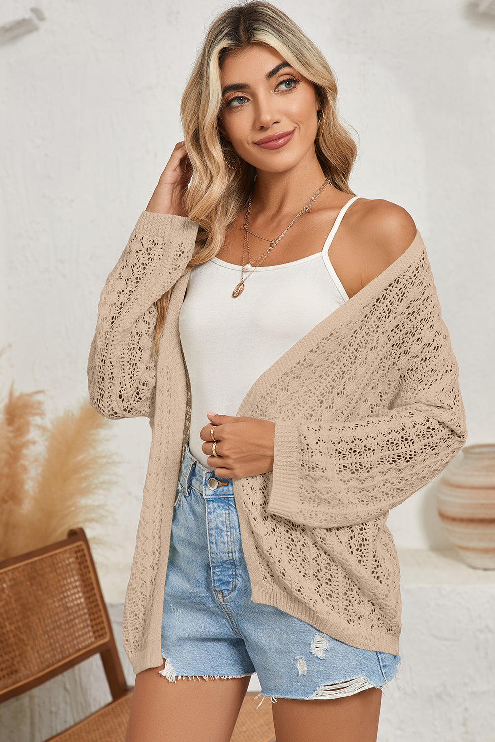 Crochet Knit Open Front Cardigan