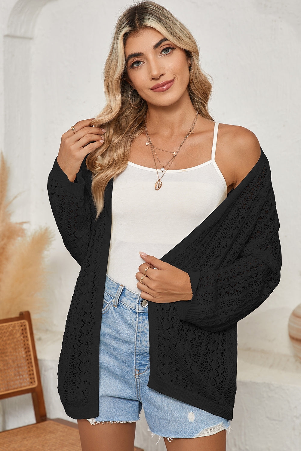 Crochet Knit Open Front Cardigan