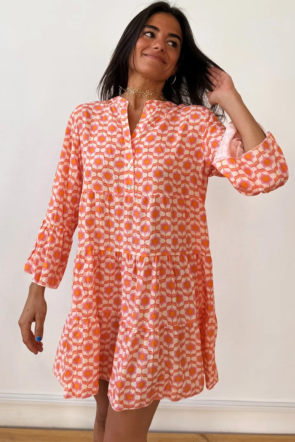 Orange V Neck Bell Sleeve Dress