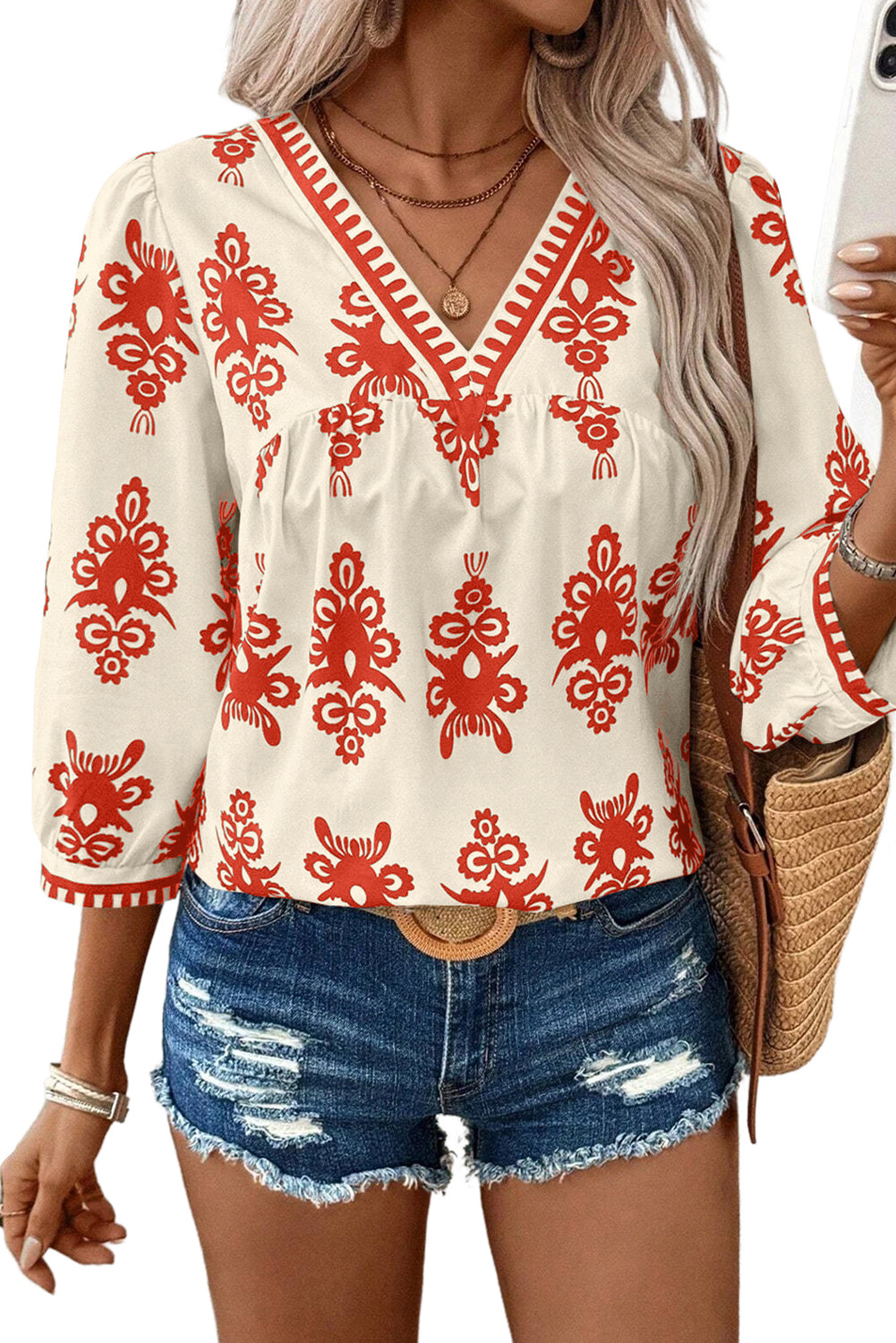 Ethnic Print V-Neck Blouse