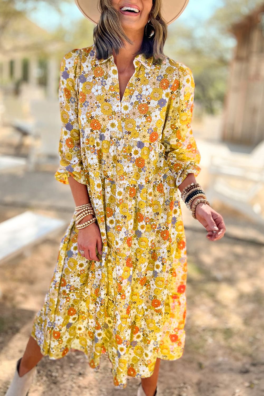 Boho Floral Collared Long Sleeve Dress