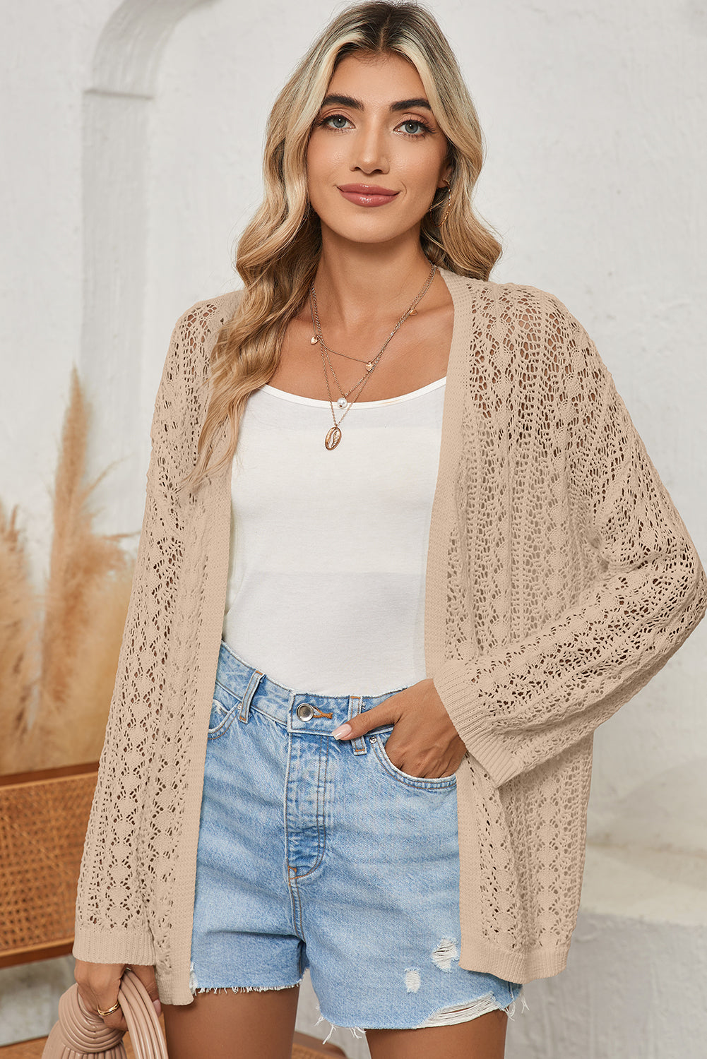 Crochet Knit Open Front Cardigan