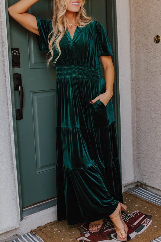 Velvet Smocked Waist Tiered Maxi Dress