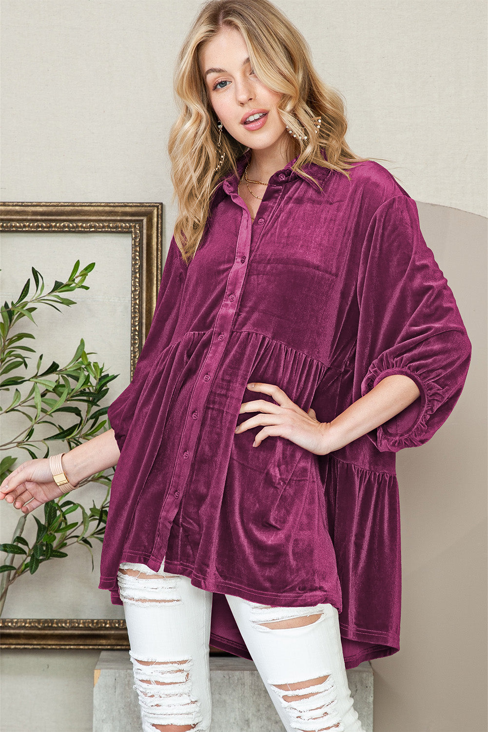 Lantern Sleeve Tunic Babydoll Velvet Shirt