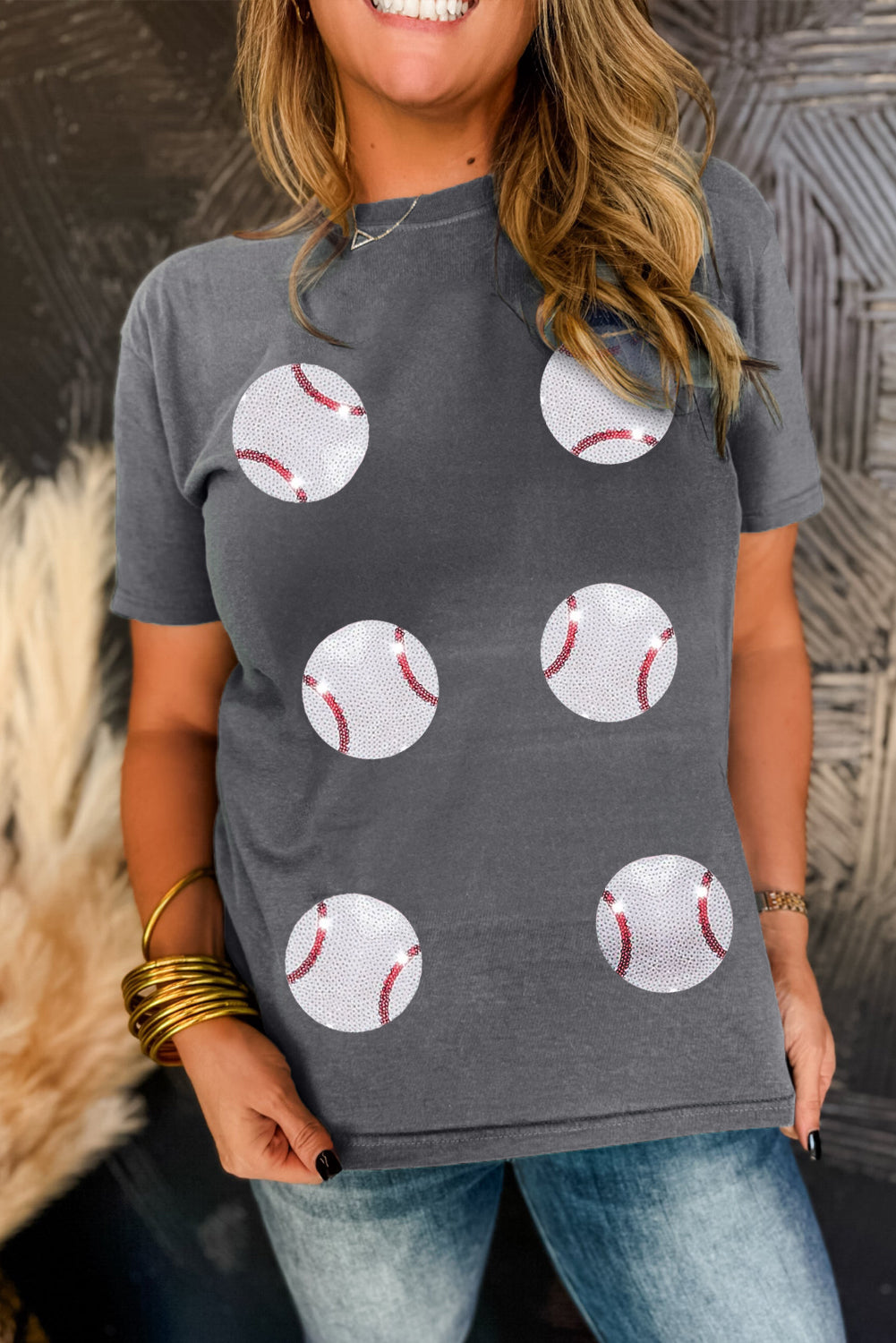 Sequined Baseball Graphic T Shirt