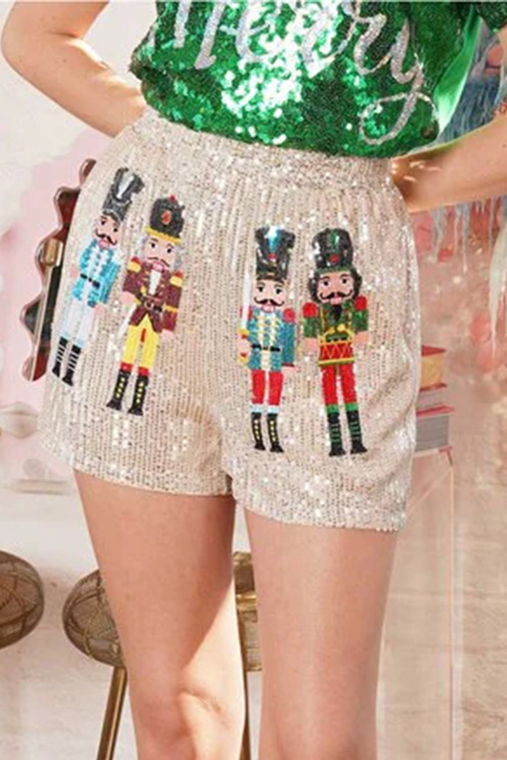 Sequin Beaded Christmas Nutcracker Shorts