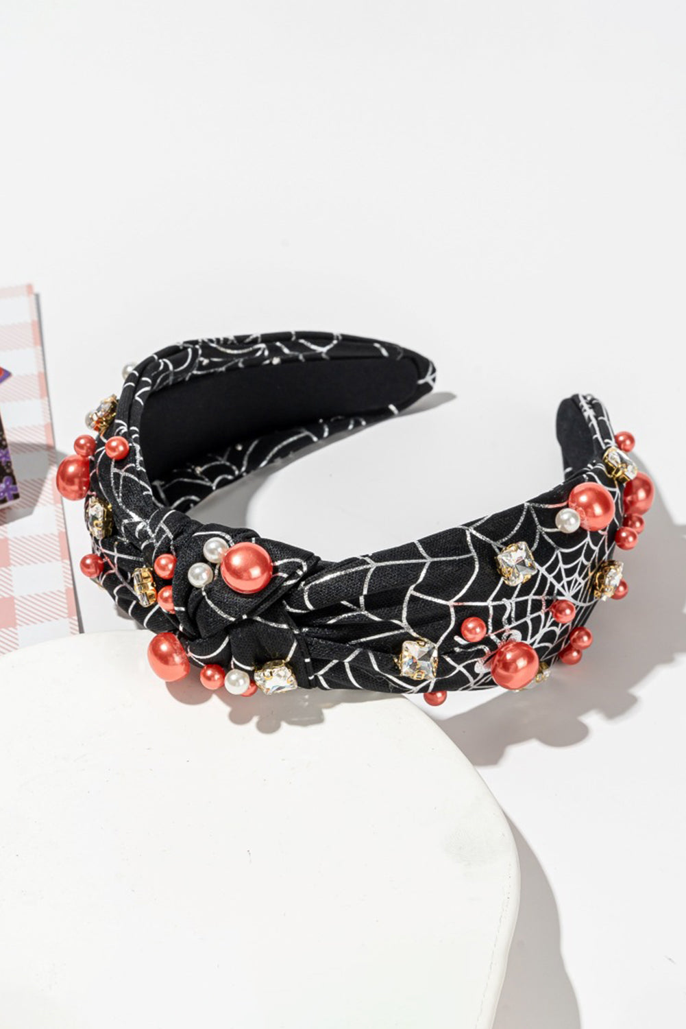 Black Pearled Rhinestone Spiderweb Halloween Headband