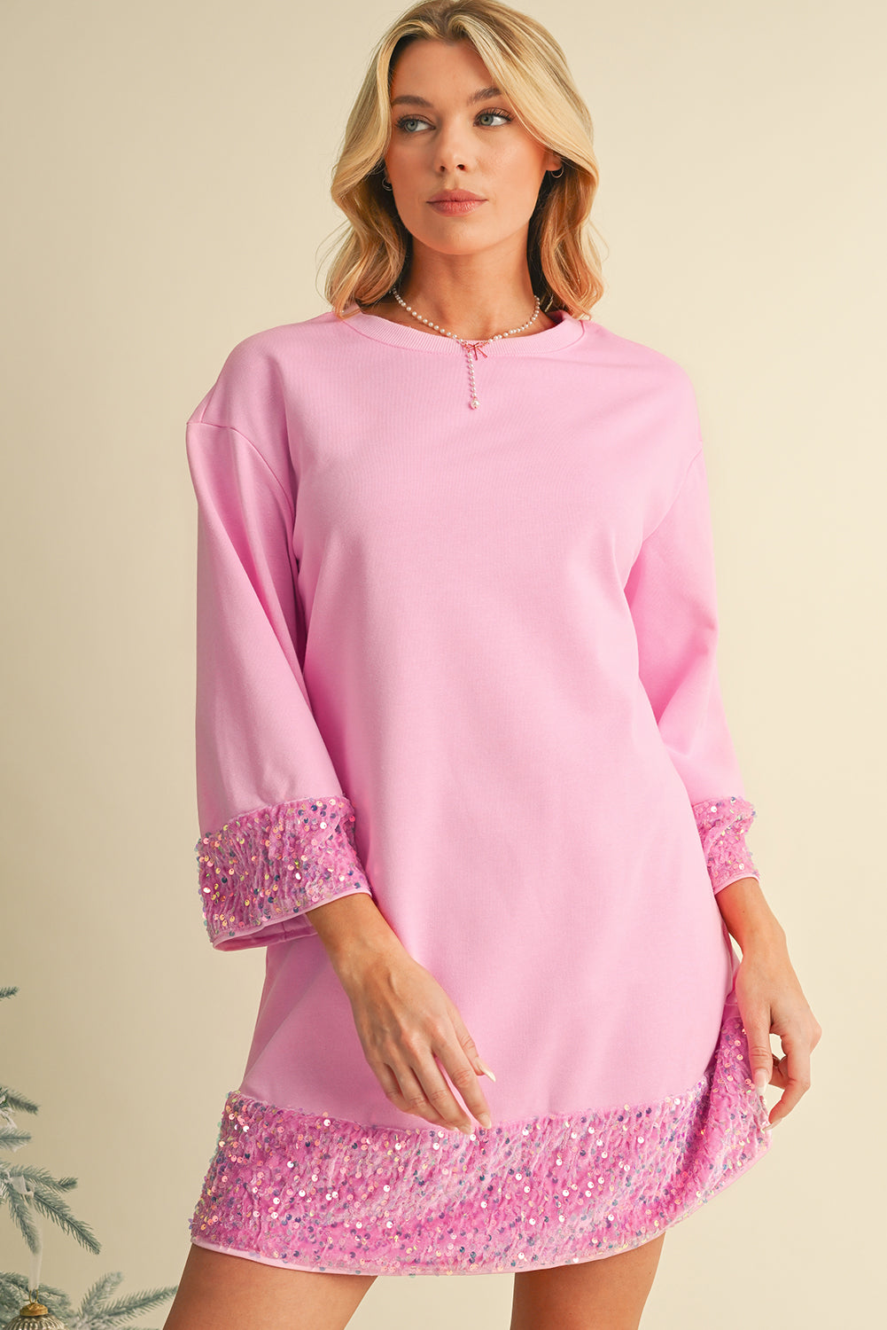 Pink Sequin Trim T-Shirt Dress