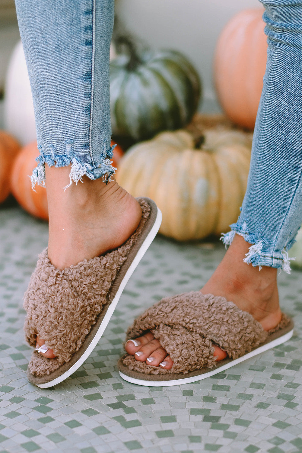 Brown Fuzzy Slipper Slides