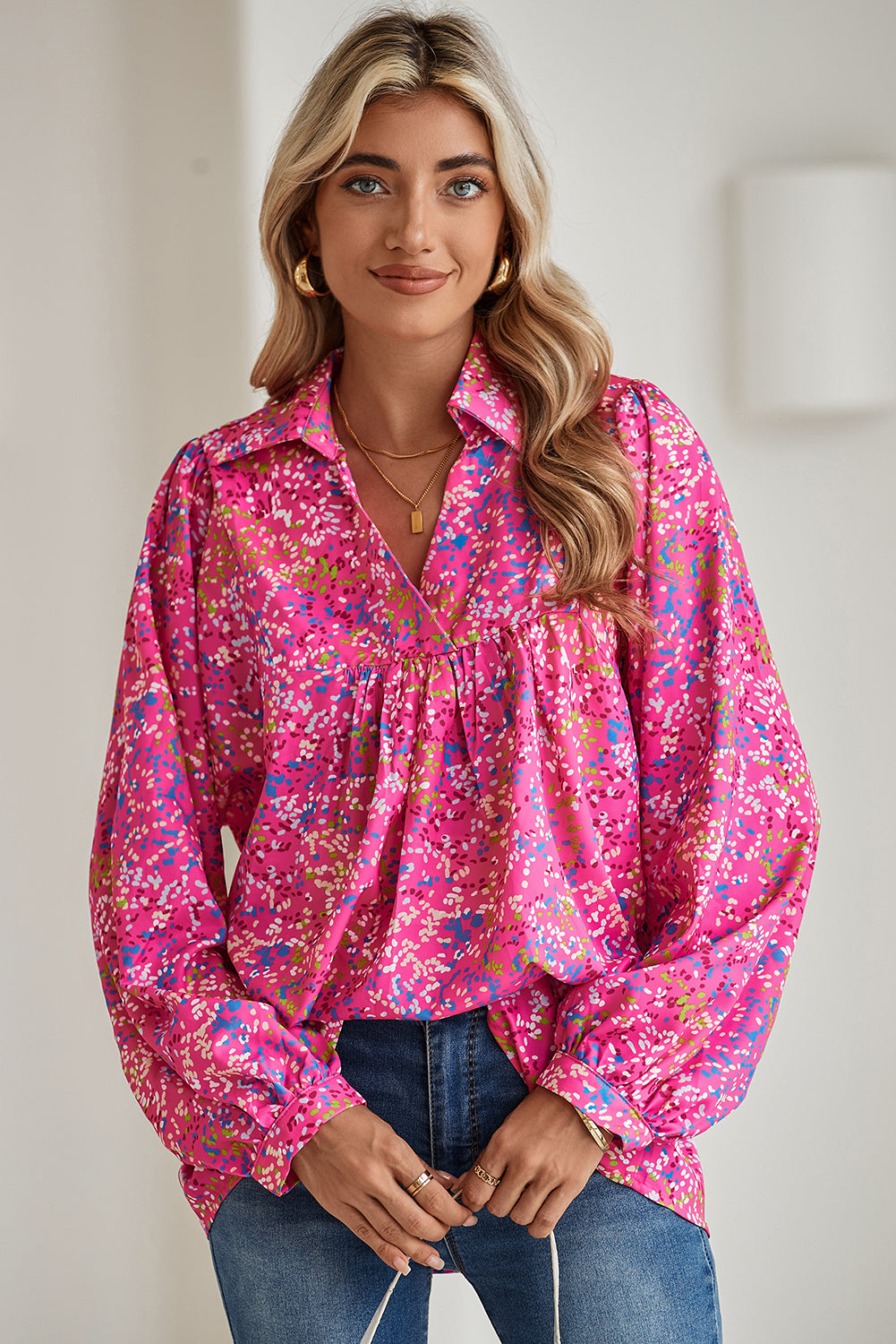 Floral V Neck Babydoll Blouse