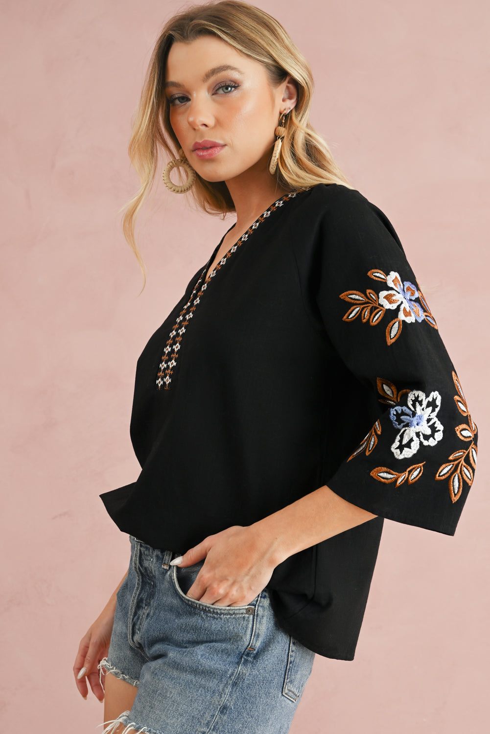 Black Floral Embroidered Sleeve Boho Blouse