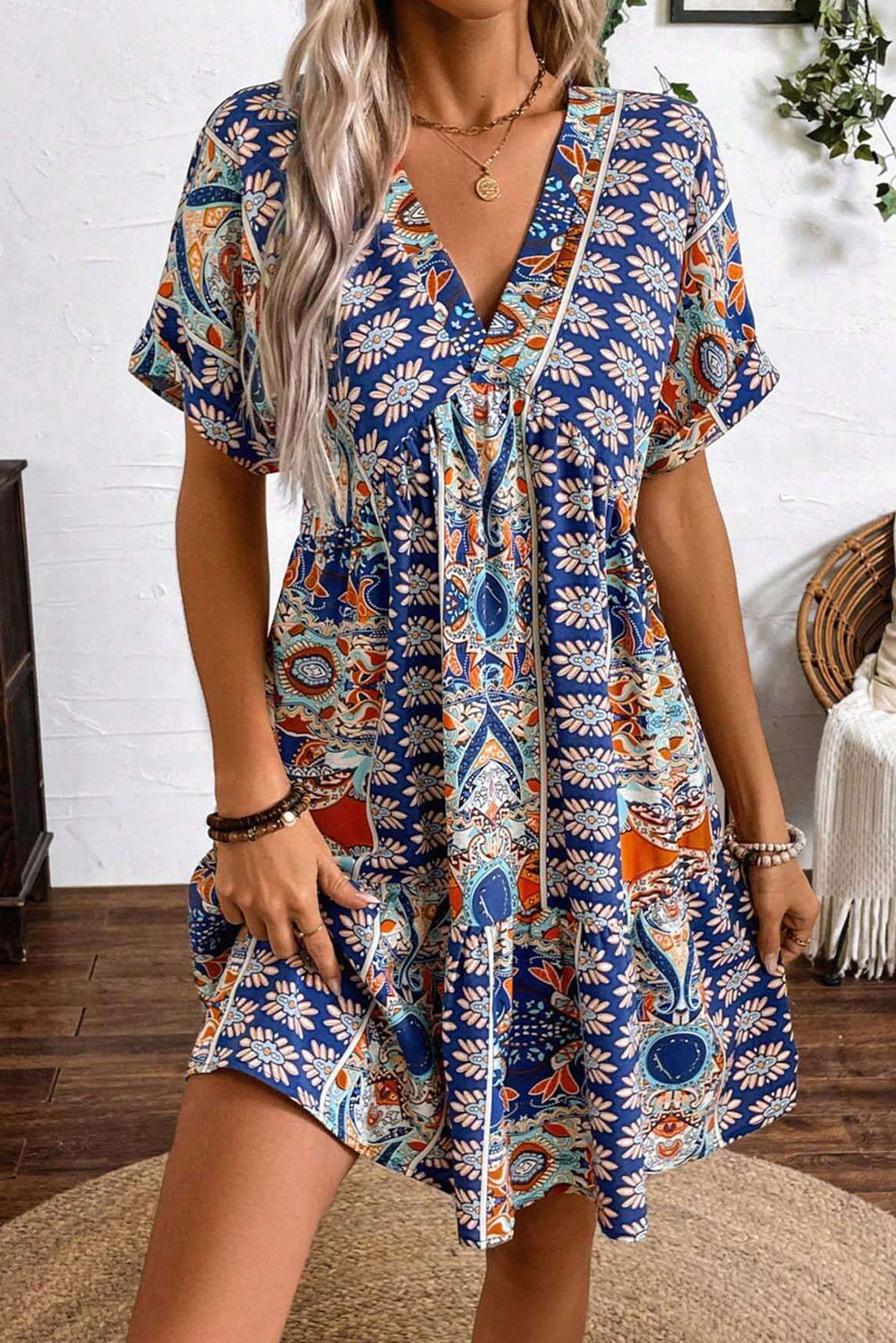 Blue Flower Print V-Neck High Waisted Dress