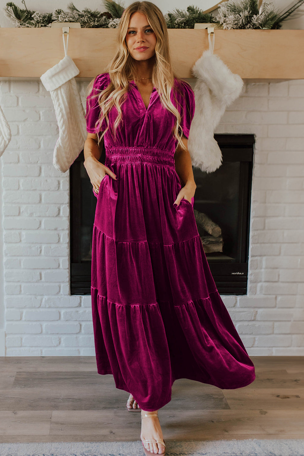 Velvet Smocked Waist Tiered Maxi Dress