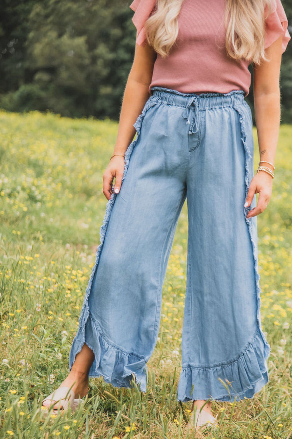 Light Wash Raw Hem Ruffle Wide Leg Jeans