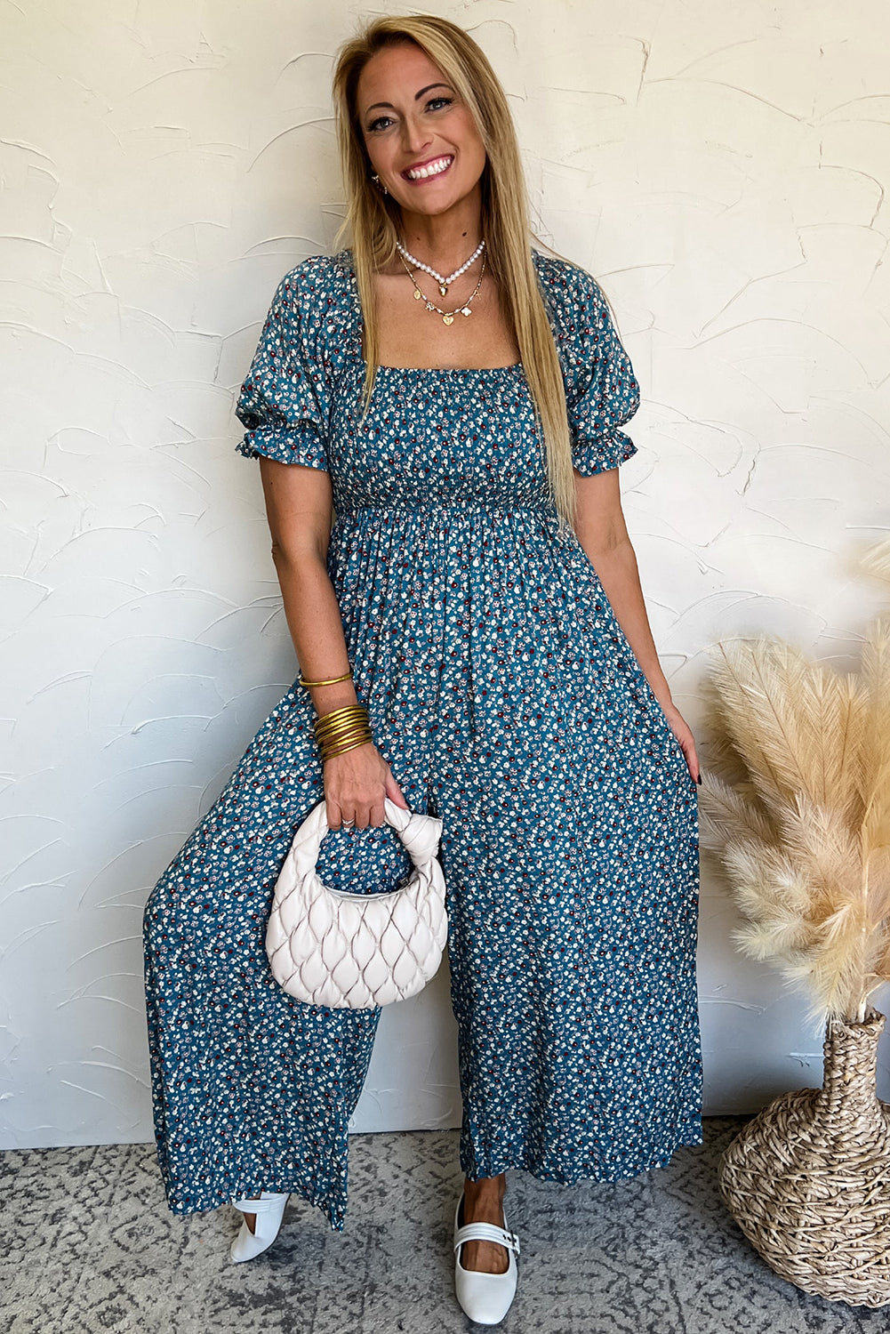 Vintage Floral Smocked Wide Leg Jumpsuit