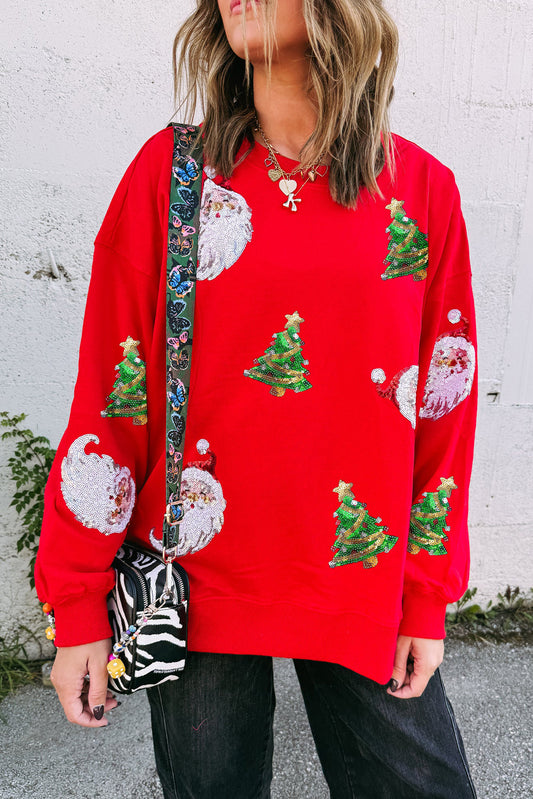 Red Santa Claus Christmas Tree Sequin Sweatshirt