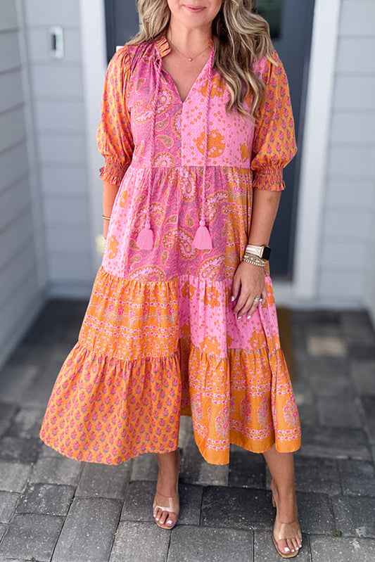 Pink Boho Paisley Floral Midi Dress - Plus