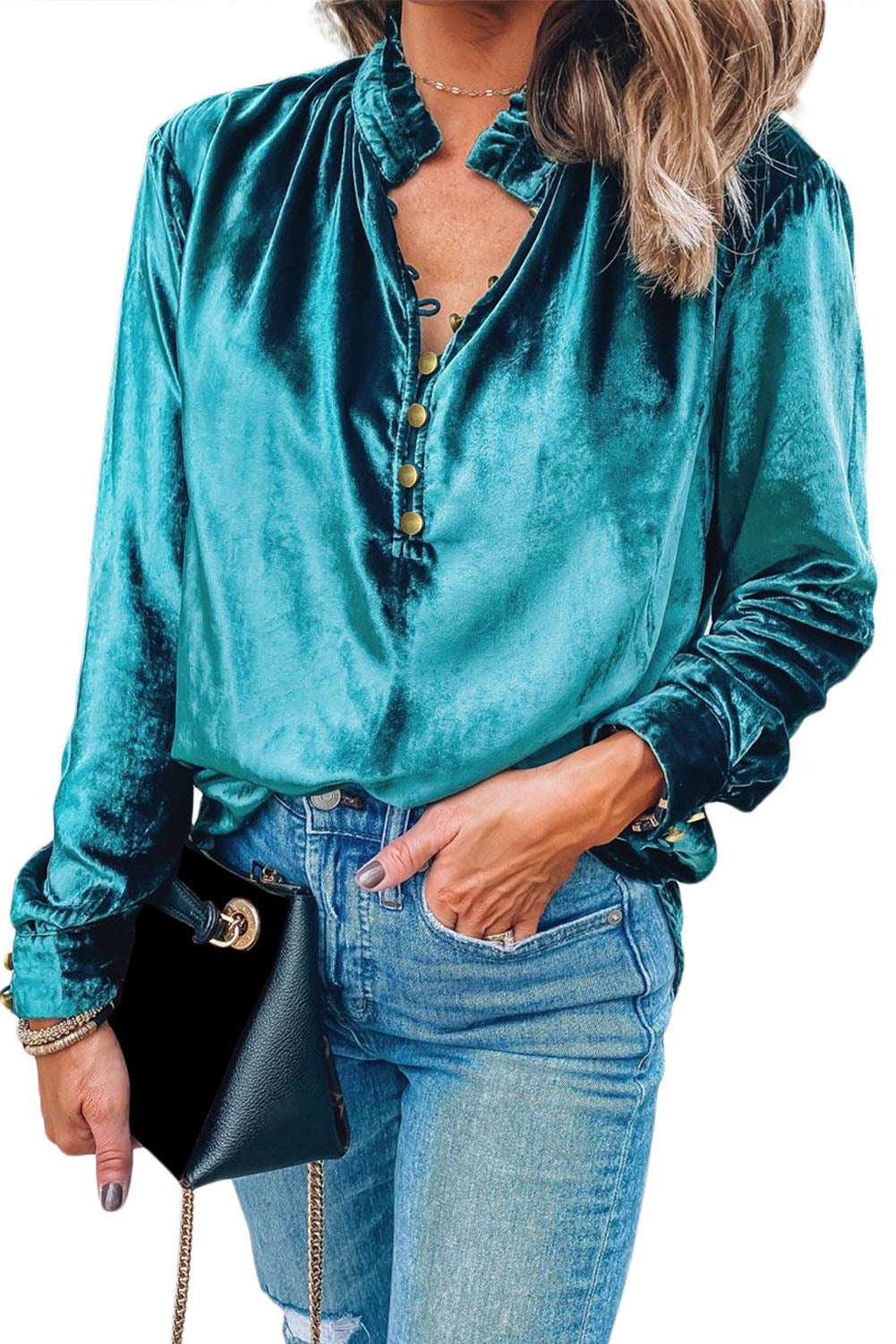 V Neck Buttoned Velvet Blouse