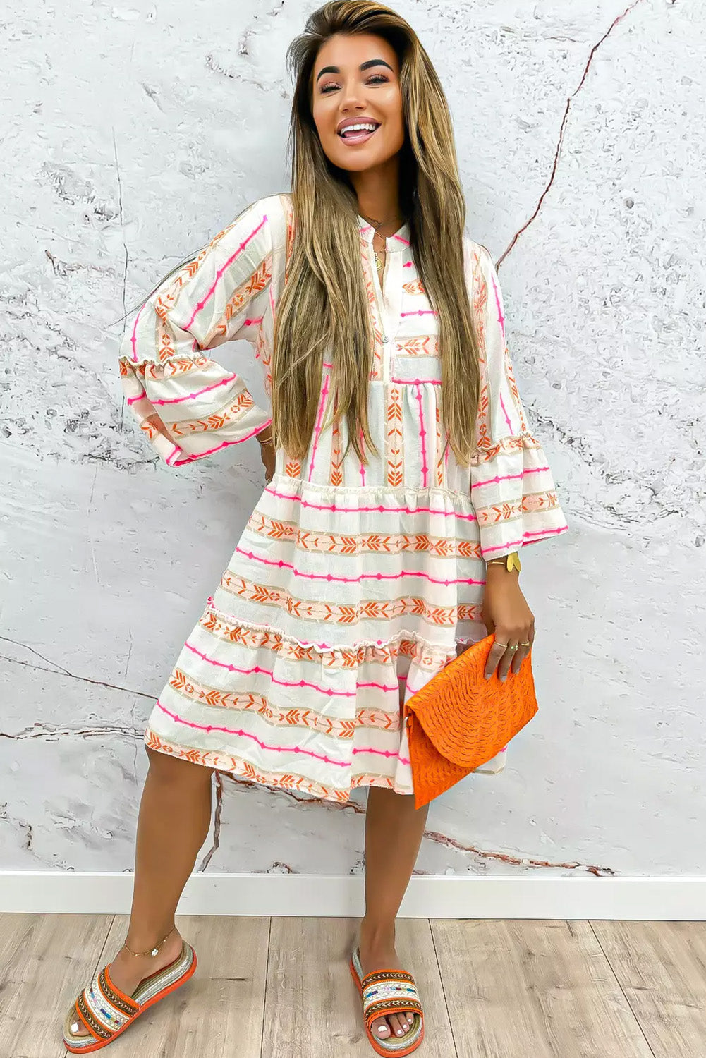 Bohemian Split Neck Ruffle Dress