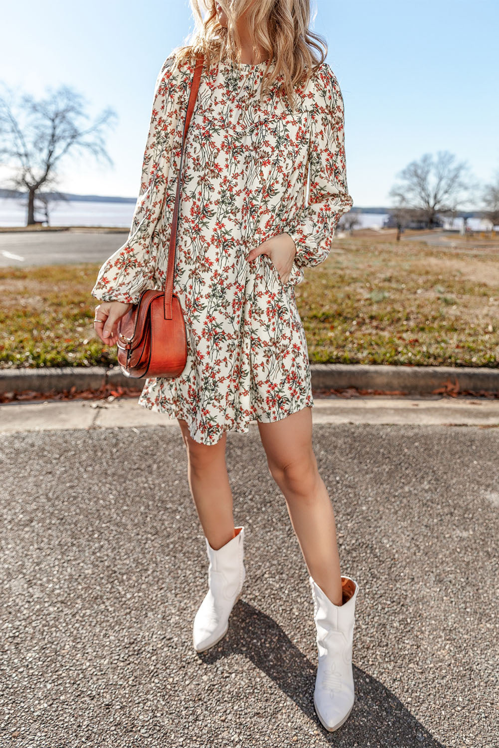 White Floral Printed Long Sleeve Dress