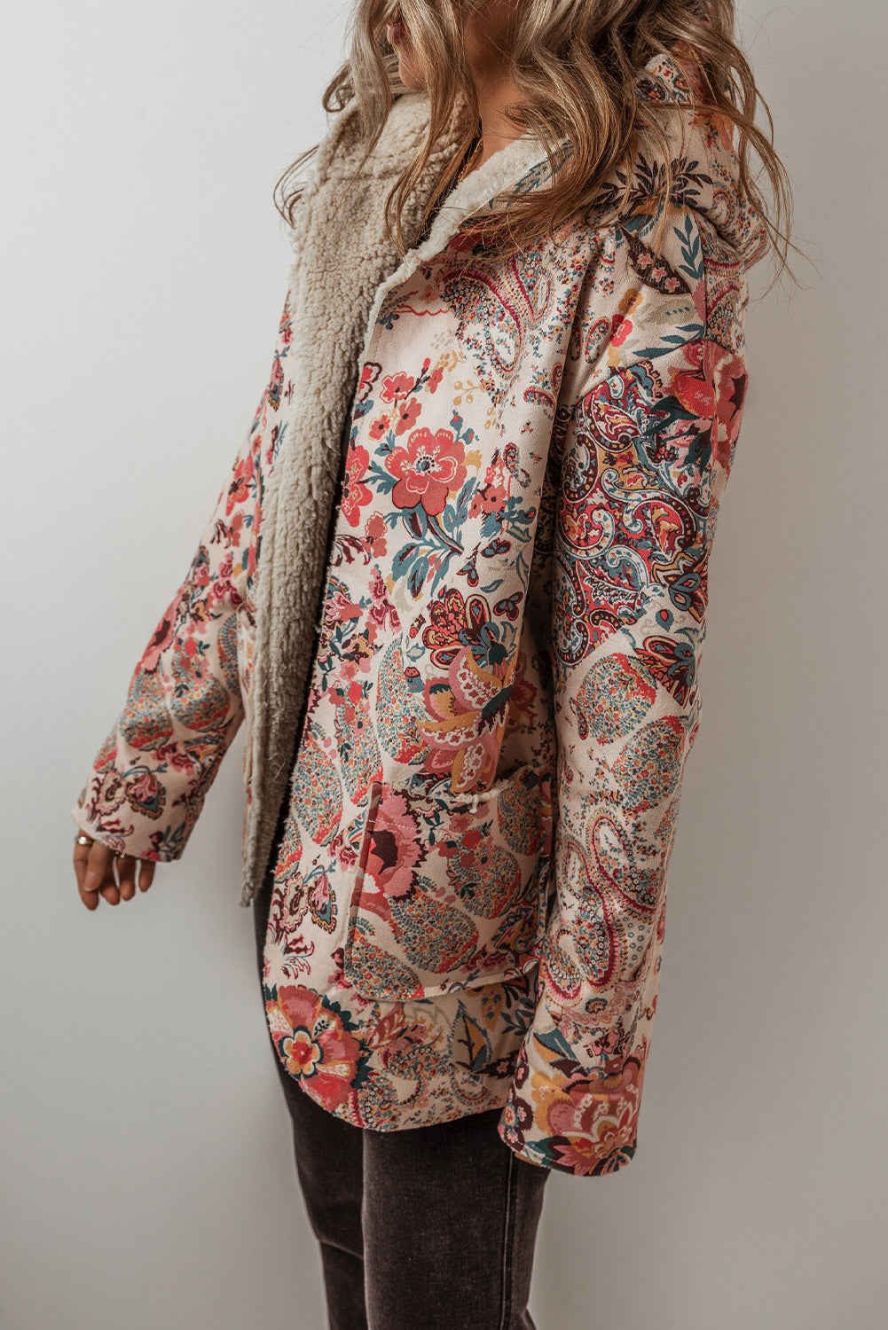 Paisley Floral Printed Sherpa Lined Hooded Jacket