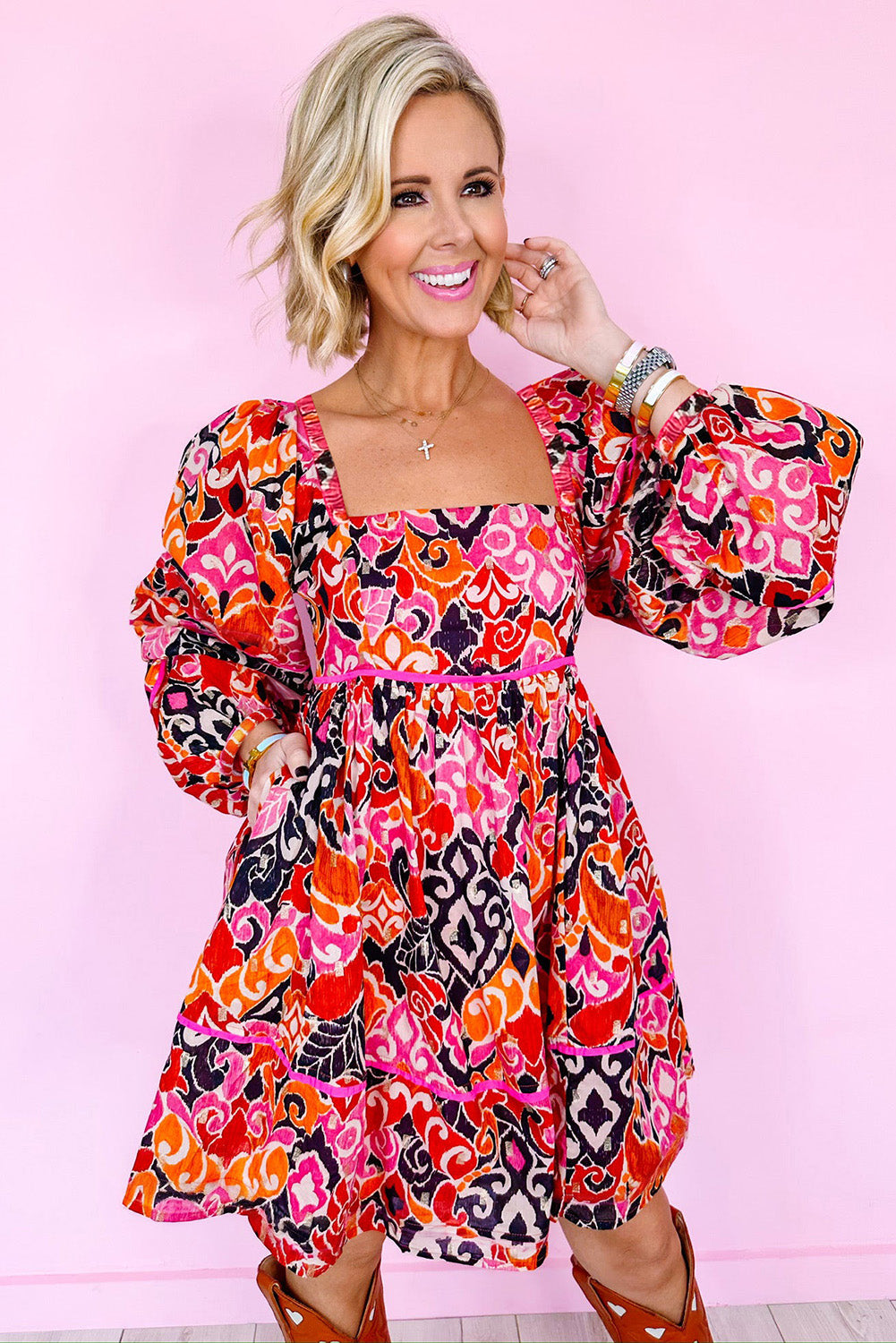 Pink Geometric Print Square Neck Puff Mini Dress