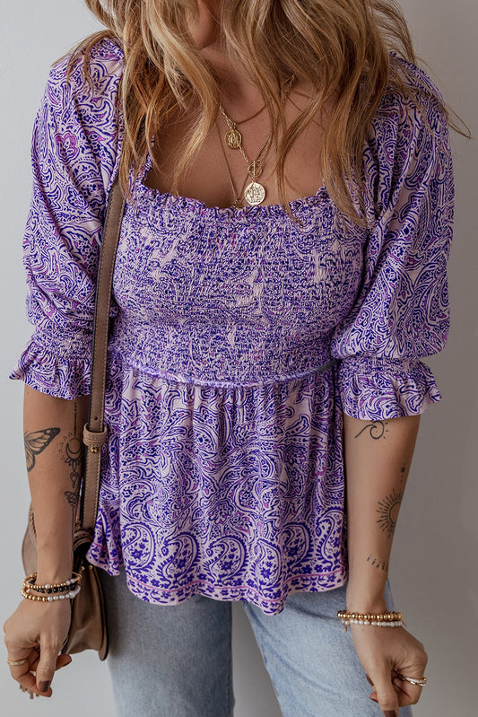 Purple Boho Paisley Peplum Top