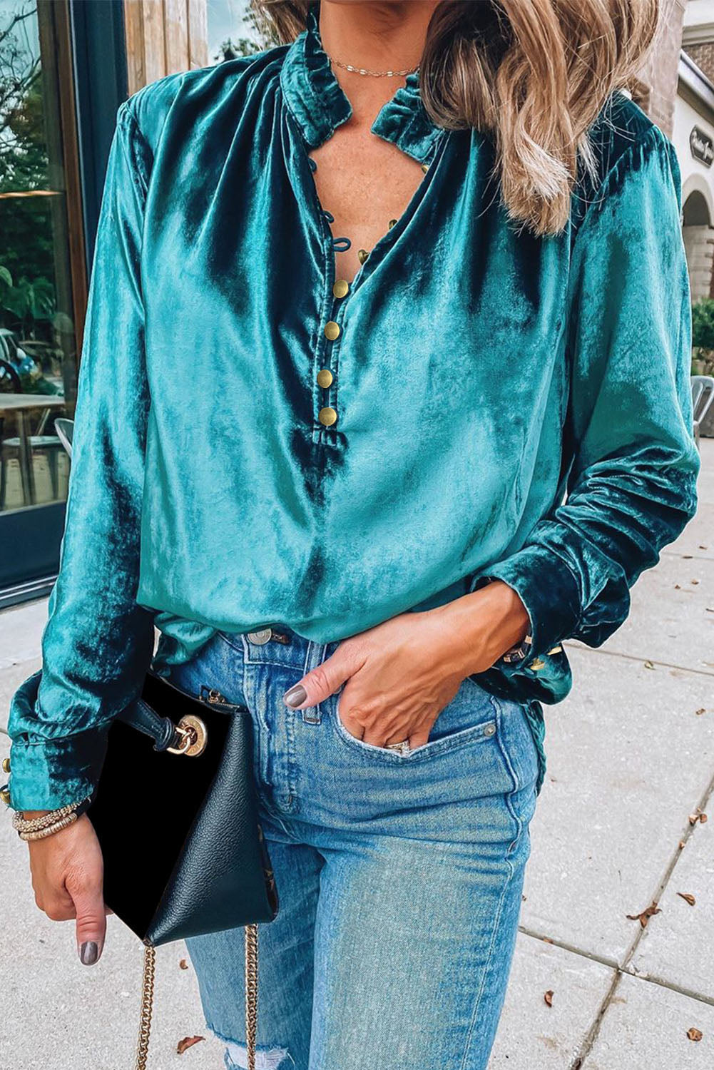 V Neck Buttoned Velvet Blouse