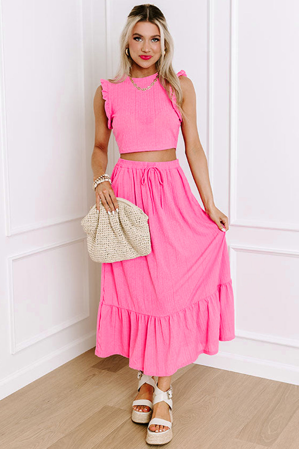 PInk Textured Ruffle Trim Crop Top and Skirt Set