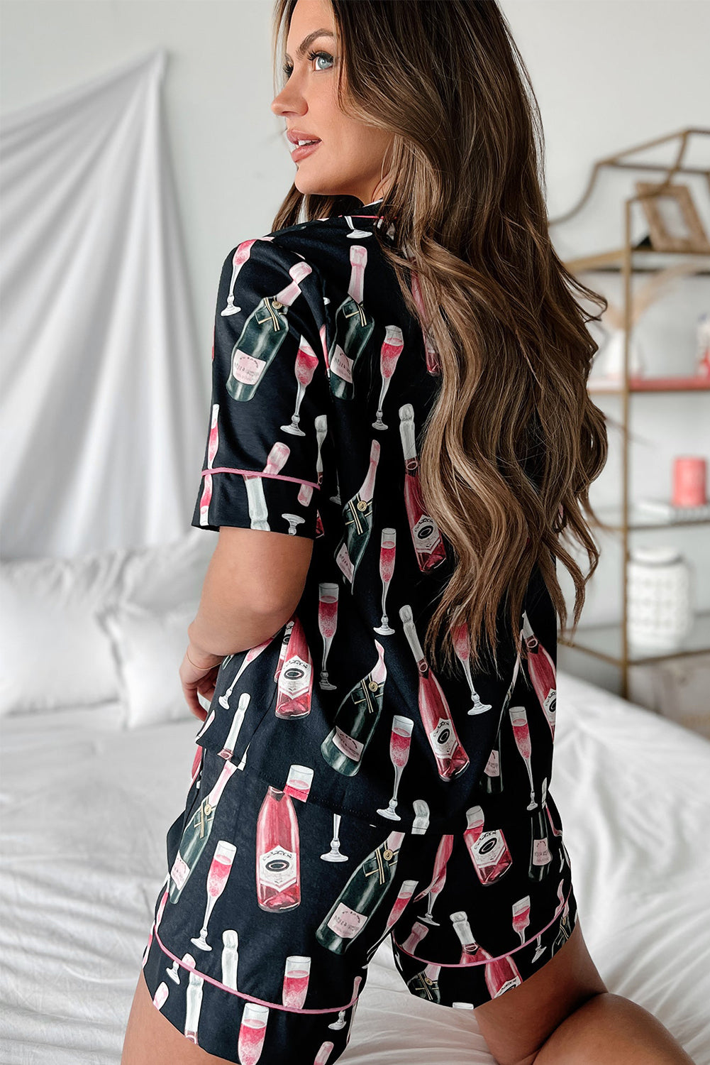 Black Champagne Print Pajamas Set