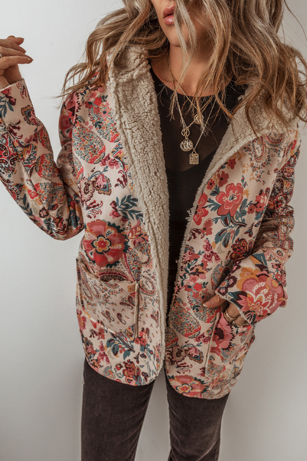 Paisley Floral Printed Sherpa Lined Hooded Jacket