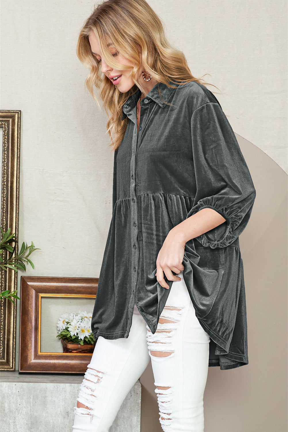 Lantern Sleeve Tunic Babydoll Velvet Shirt