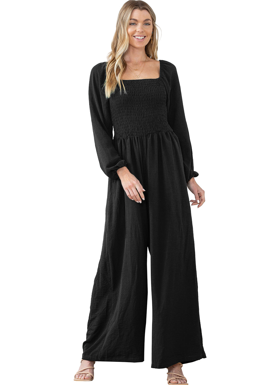 Black Smocked Wide Leg Jumpsuit