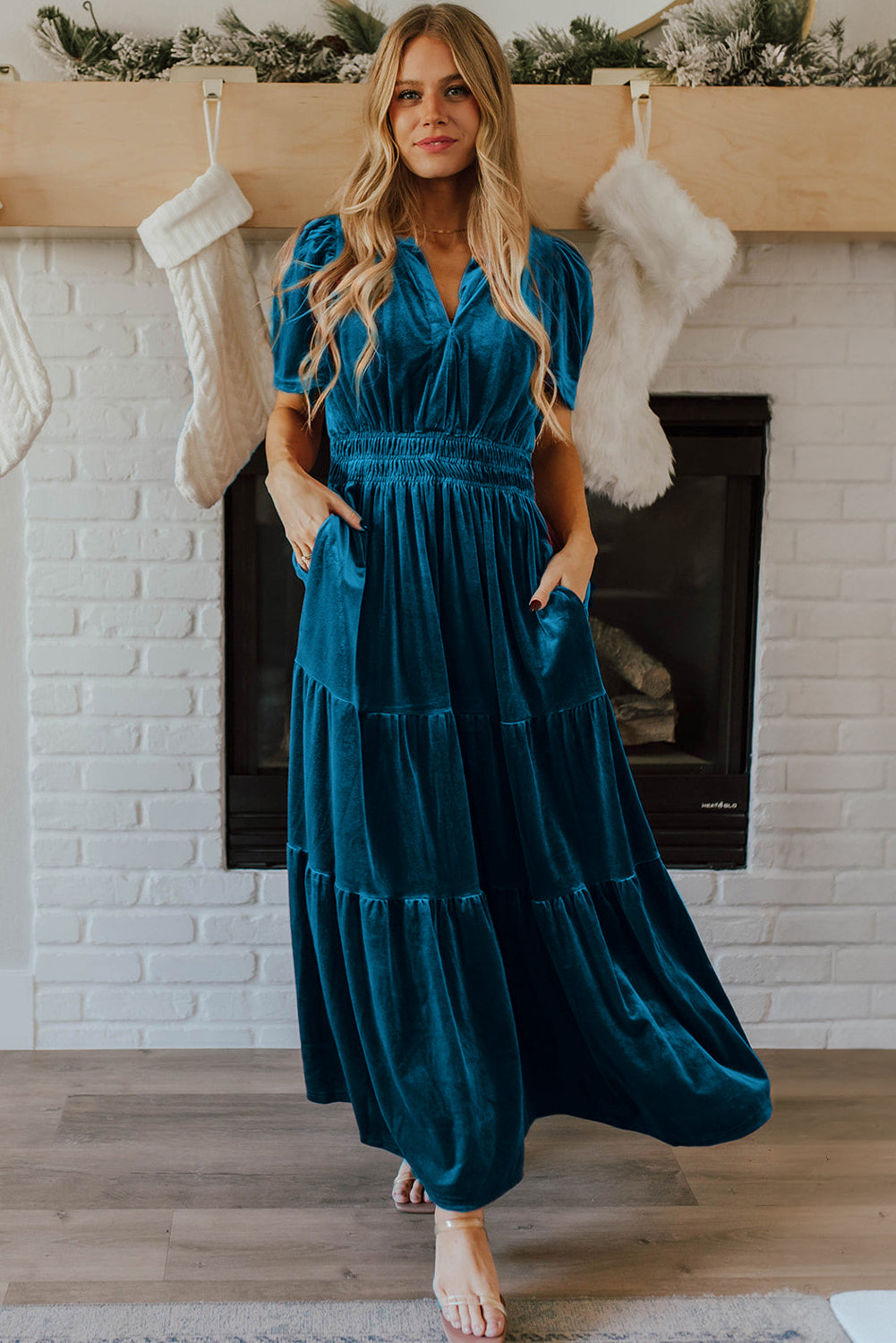 Blue Velvet Shirred Waist Tiered Maxi Dress