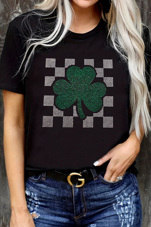 Black Rhinestone Shamrock Checkered T Shirt