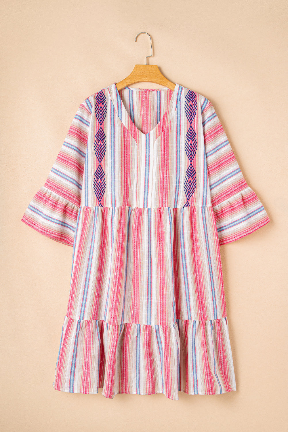 Stripe Geometric Detail Flared 3/4 Sleeve Dress - Plus