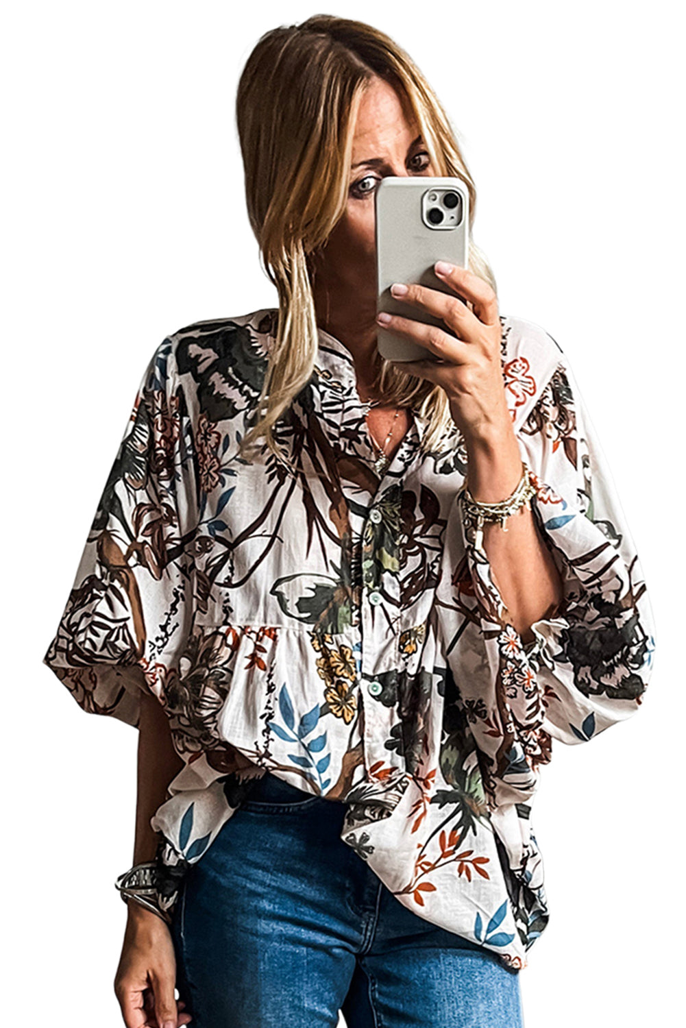 White Boho Print Lantern Sleeve V Neck Blouse