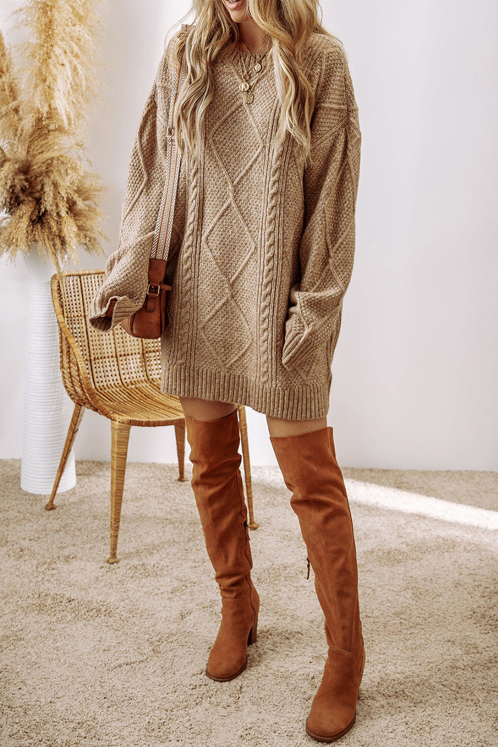 Cable Knit Drop Shoulder Loose Fit Sweater Dress