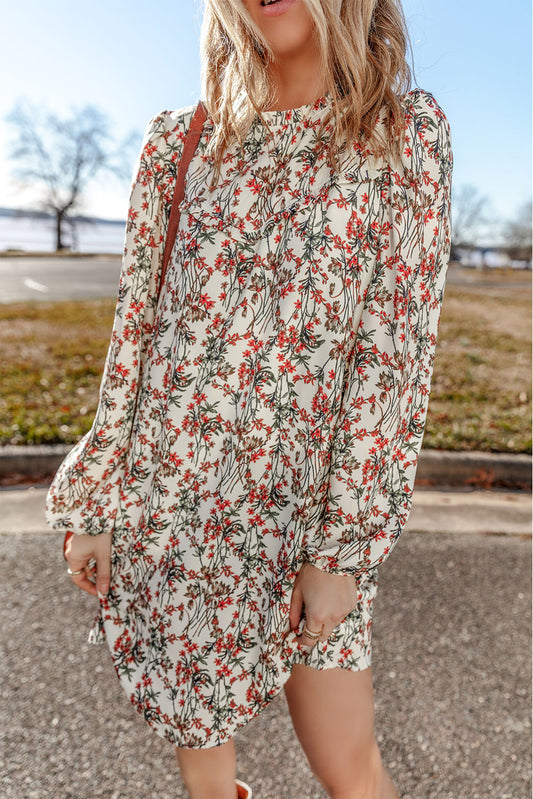 White Floral Printed Long Sleeve Dress