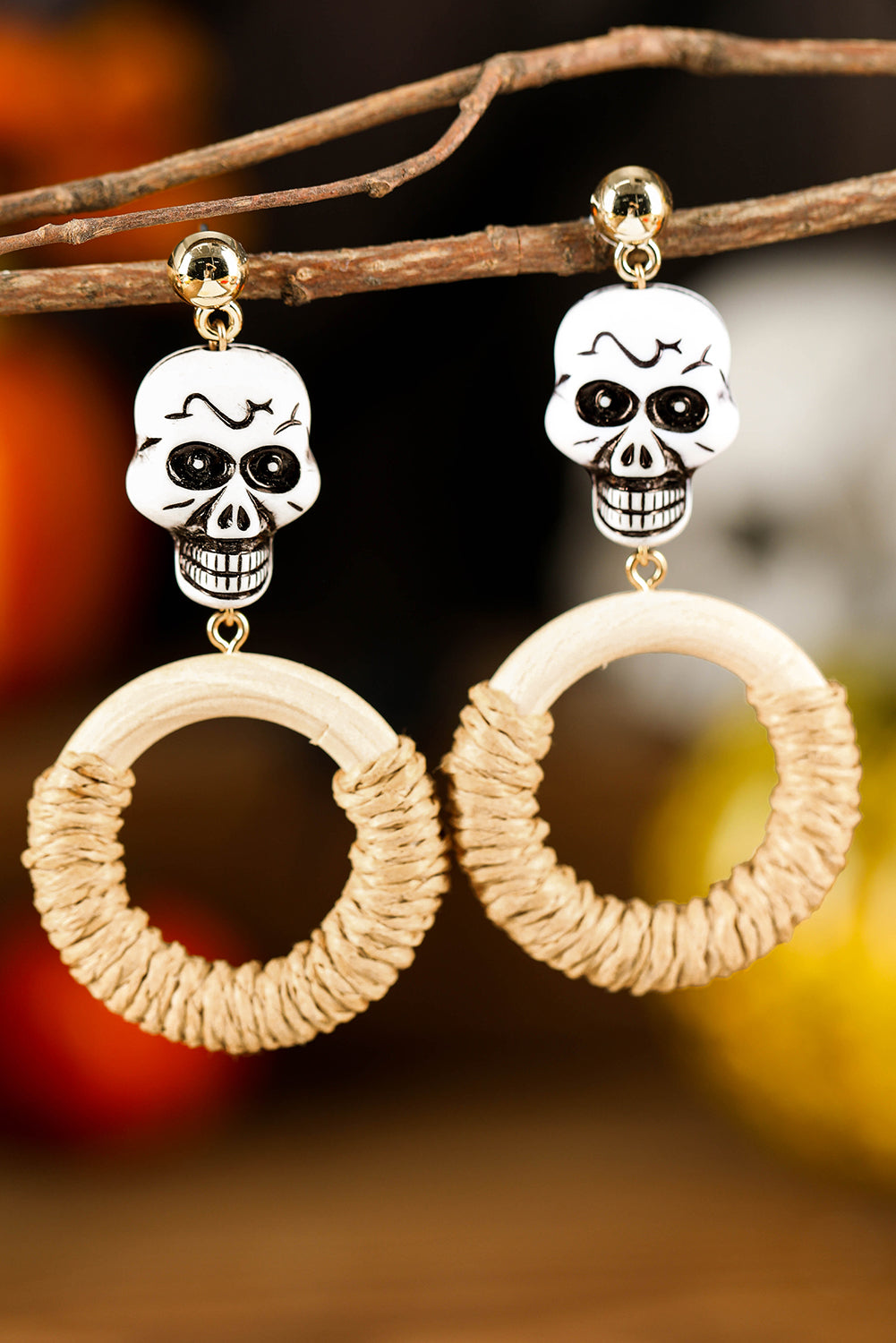 Rattan Halloween Skull Earrings