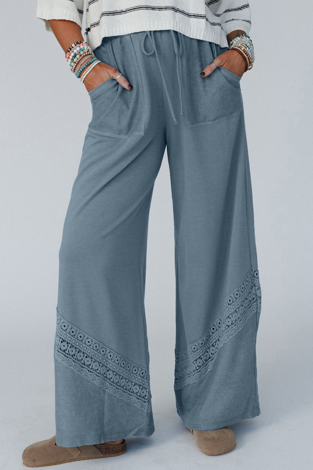 Dusk Blue Crochet Drawstring Wide Leg Pants