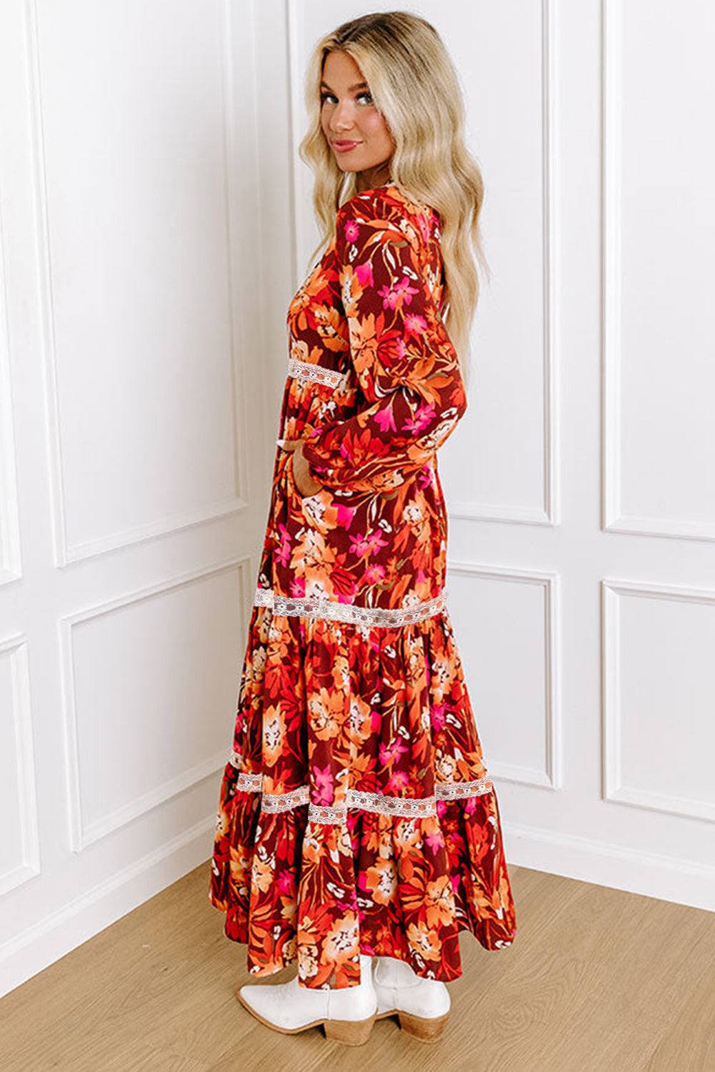 Floral Print Lace Trim Maxi Dress