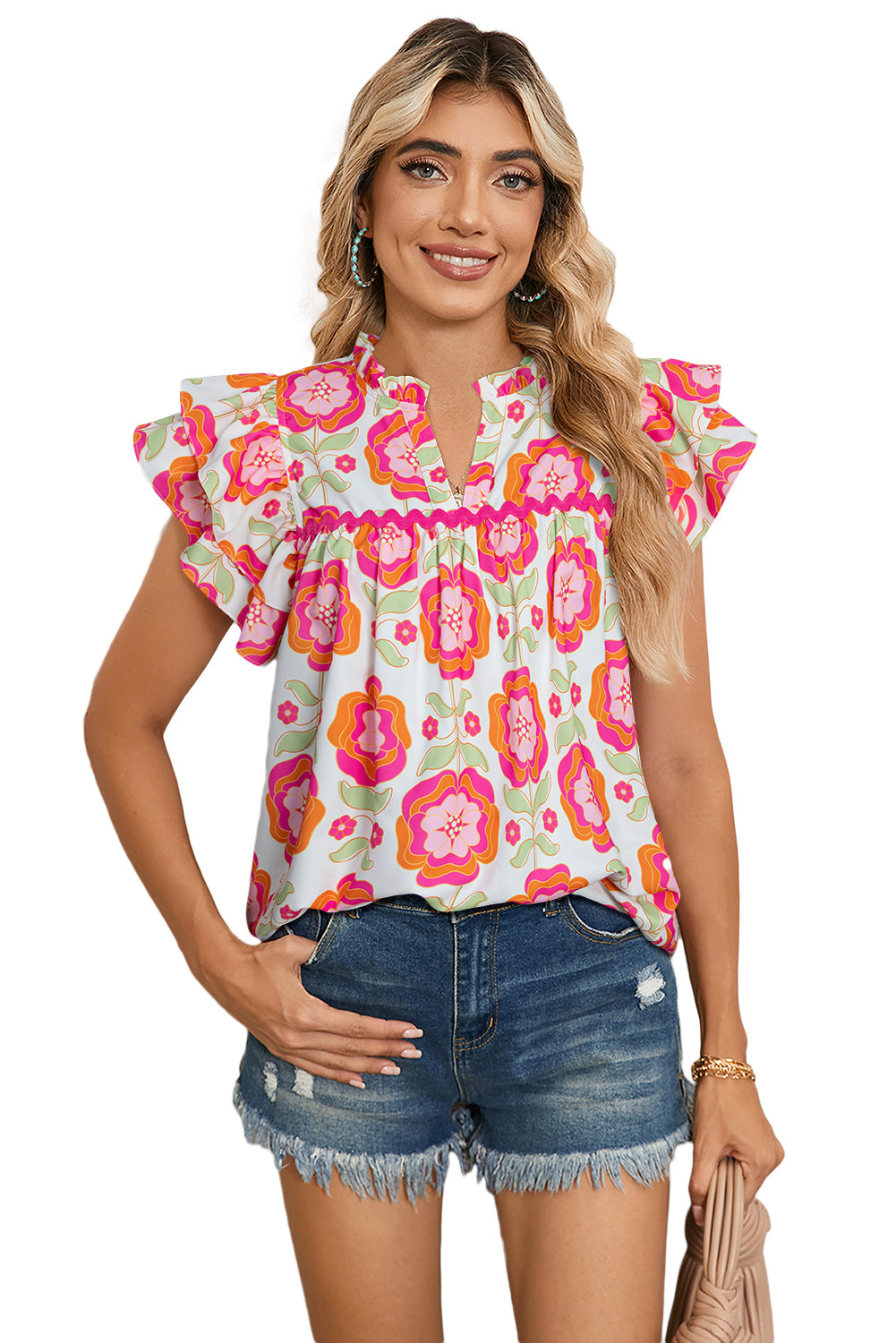 Boho Floral Print Ruffle Sleeve Blouse