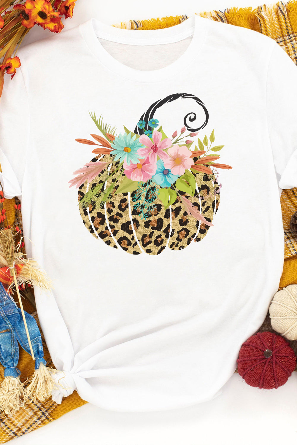 White Floral Leopard Pumpkin T Shirt